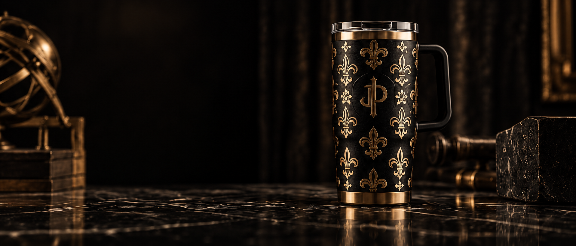 Black handled tumbler with original aged-gold ornamental engraving on a dark marble workbench